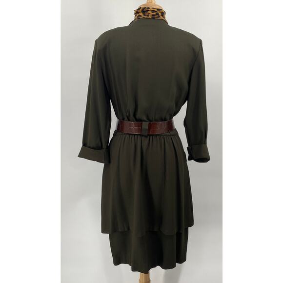 Vintage 80s Layered Blazer Dress Buckle Belted Midi Leopard Print Scarf Green 10 - Picture 7 of 9